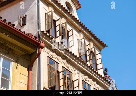 Prague, Czech Republic - 4 September 2022: Facade of traditional houses in Castle district Stock Photo