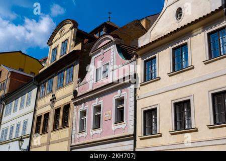 Prague, Czech Republic - 4 September 2022: Facade of traditional houses in Castle district Stock Photo