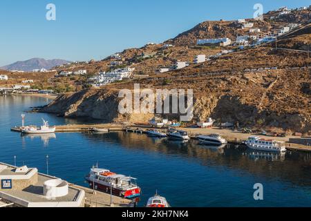 High angle view of small fishing boats docked in Mykonos new port marina, Mykonos Island, Greece. Stock Photo