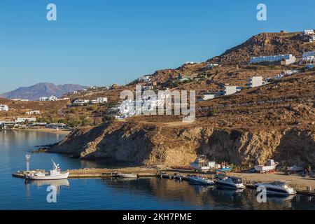 High angle view of small fishing boats docked in Mykonos new port marina, Mykonos Island, Greece. Stock Photo