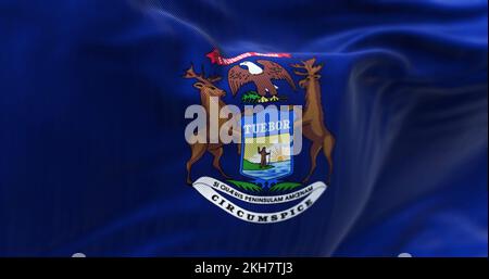 Close up view of the Michigan state flag waving. Michigan Michigan is a federated state of the United States of America. Fabric textured background. S Stock Photo
