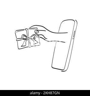 closeup hand holding gift box in smartphone illustration vector hand drawn isolated on white background line art. Stock Vector