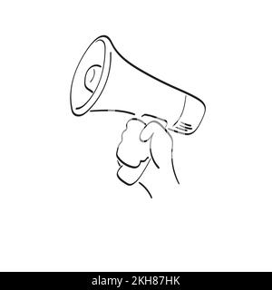 closeup hand holding megaphone illustration vector hand drawn isolated on white background line art. Stock Vector