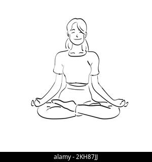 Young woman practicing lotus asana with padmasana pose illustration vector hand drawn isolated on white background line art. Stock Vector