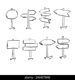 wooden road sign icon set illustration vector hand drawn isolated on white background line art. Stock Vector