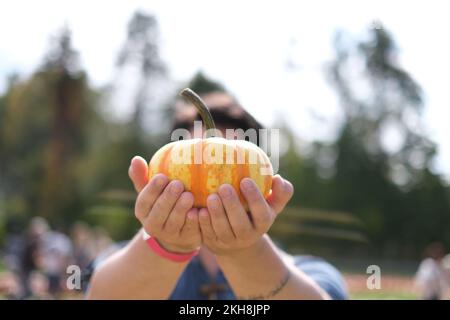 Young man holding a pumpkin that is covering his face. Stock Photo