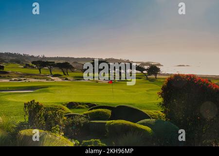 Pebble Beach, Monterey Peninsula, California, USA - 12th November, 2022  The 6th green and 11th hole on  the  Shore Course of the Monterey Peninsula Country Club on the famous 17 Mile Drive, Pebble Beach, CA., USA Stock Photo