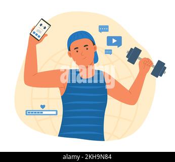 Mobile Fitness. Hand With Phone And Dumbbell Denotes Workout Tracking 