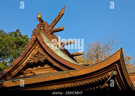 Traditional roof detail Mitake Jinja Shinto shrine autumn Ontakesan Tokyo Japan Stock Photo