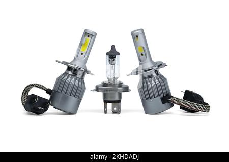 H4 halogen lamp and LED headlight bulbs isolated on white background, vehicles parts and replacement Stock Photo