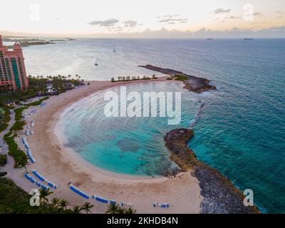 Cove Beach aerial view and Power Tower at sunset at Atlantis Adventure Park on Paradise Island, Bahamas. Stock Photo
