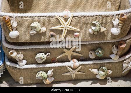 Various types of little seashells and starfish on the face of the basket Stock Photo