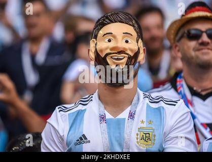 Moscow, Russia - June 16, 2018. Fan from Argentina wearing Lionel Messi mask during FIFA World Cup 2018 match Argentina vs Iceland (1-1). Stock Photo