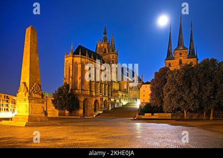 Erfurt Cathedral and Severi Church with Erthal Obelisk and Full Moon, Domplatz, Erfurt, Thuringia, Germany, Europe Stock Photo