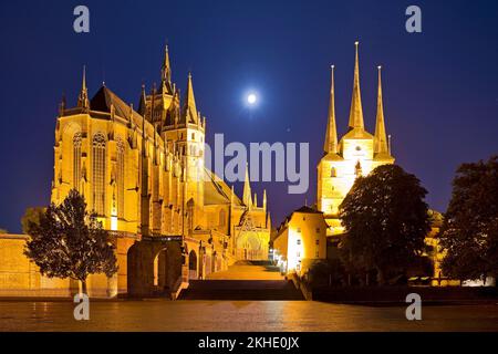 Erfurt Cathedral and Severi Church with Full Moon, Cathedral Square, Erfurt, Thuringia, Germany, Europe Stock Photo
