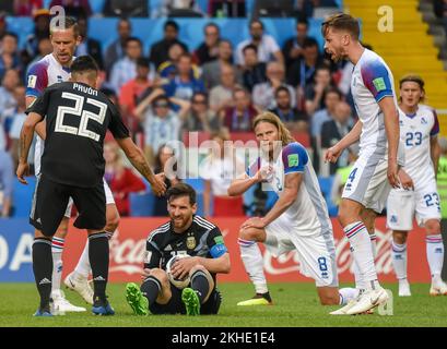 Moscow, Russia - June 16, 2018. Argentina national football team captain Lionel Messi on the ground during FIFA World Cup 2018 match Argentina vs Icel Stock Photo