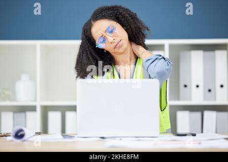 Stress, neck pain and black woman architect and engineer employee with office computer. Working, burnout and laptop work of engineering worker with Stock Photo