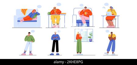 Set of pensive people isolated on white background. Flat vector illustration of young male and female characters with though bulbs, thinking, making decision, solving problem, having idea or dreaming Stock Vector