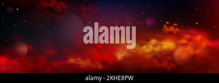 Realistic space background with planets, stars and nebula clouds in vibrant red and orange colored sky. Fantasy heaven, deep cosmos panoramic landscape, far universe, infinity 3d vector illustration Stock Vector