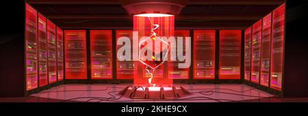 Data center, digital information storage room with server hardware on racks and hologram of processor in red light. Concept of bigdata technology, vector cartoon illustration Stock Vector