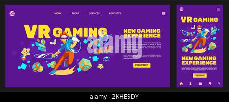 VR gaming banner. Virtual reality technologies for entertainment, metaverse, augmented reality concept with person in VR glasses play in video game, vector flexible landing page template Stock Vector