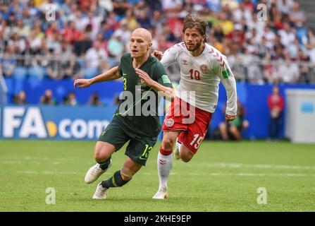 Samara, Russia – June 21, 2018. Denmark national football team winger Lasse Schone and Australia player Aaron Mooy during FIFA World Cup 2018 match De Stock Photo