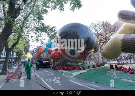 New York, USA. 23rd Nov, 2022. Balloons inflated for 96th Macy's Thanksgiving Day Parade on 77th street in New York on November 23, 2022. (Photo by Lev Radin/Sipa USA) Credit: Sipa USA/Alamy Live News Stock Photo