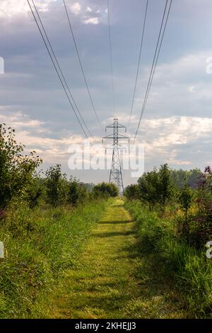 A transmission tower, or pylon, carries high-voltage electricity power ...