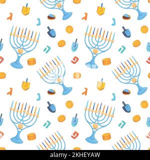 Colorful repetitive pattern background for the Jewish festival of Hanukkah, made of simple vector illustrations. Stock Vector