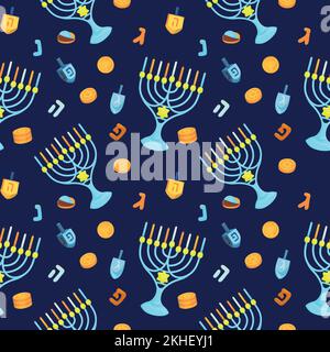 Colorful repetitive pattern background for the Jewish festival of Hanukkah, made of simple vector illustrations. Stock Vector