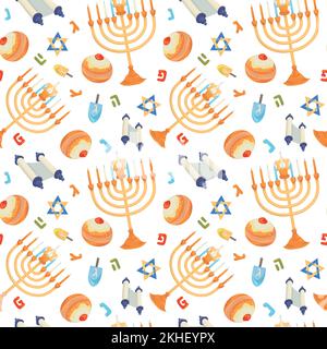 Colorful repetitive pattern background for the Jewish festival of Hanukkah, made of simple vector illustrations. Stock Vector