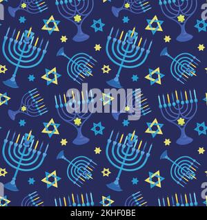 Colorful repetitive pattern background for the Jewish festival of Hanukkah, made of simple vector illustrations. Stock Vector