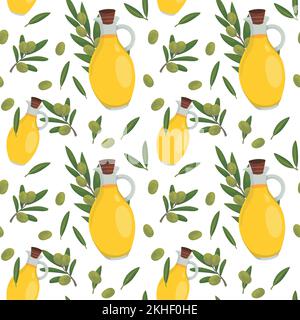 Colorful repetitive pattern background of Olive oil glass bottles, olives and olive tree leaves. Stock Vector