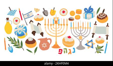 Jewish festival of Hanukkah related items and objects. Collection of hand drawn, vector cartoon illustrations. Stock Vector