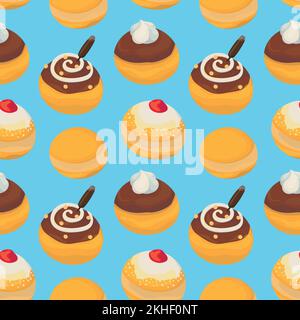 Colorful repetitive pattern background of Sufganiyot, Jelly doughnuts eaten on the Jewish festival of Hanukkah. Stock Vector