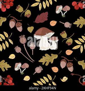 FALL MUSHROOM Nature Forest Landscape Fall Season Black Seamless Pattern Vector Illustration For Print Stock Vector