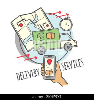 FAST DELIVERY SERVICES Fast Truck Delivery Service Operation Principle Order Cargo By One Click Smartphone In Hand In Short Time To Place Of Destinati Stock Vector