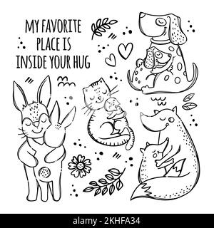 FATHERS MOTHERS DAY Monochrome Cute Animals Hug Their Children Parental Relationship Handwriting Text Hand Drawn Clip Art Vector Illustration Set For Stock Vector