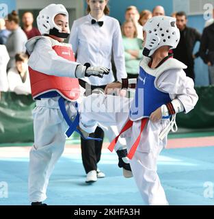 Orenburg, Russia - October 19, 2019: Young men compete in taekwondo (Korean martial arts) at Orenburg Open Taekwondo Championship Stock Photo