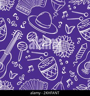 FESTA JUNINA OUTLINE June Festival Catholic Tradition Brazil Carnival Holiday Seamless Pattern With Musical Instruments On Blue Background Vector Illu Stock Vector