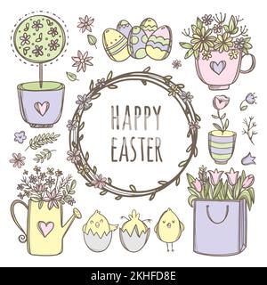 FLORAL EASTER Clip Art Collection With Funny Chickens Chicks And Flowers To Spring Holiday Hand Drawn Cartoon Hanwriting Text Vector Illustration Set Stock Vector