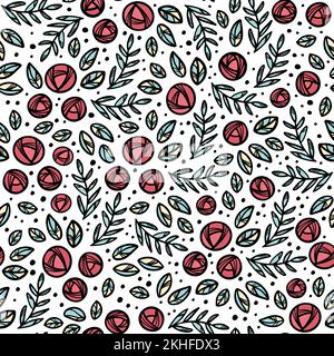 FLOWER ABSTRACT Floral Sketch With Branches And Leaves Roses Hand Drawn For Holiday Decoration Cartoon Seamless Pattern Vector Illustration For Textil Stock Vector