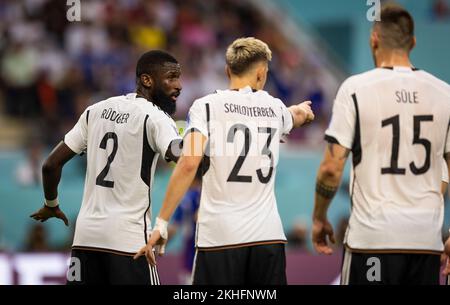 Doha, Qatar. 23rd Nov, 2022.  Antonio Rüdiger (Deutschland), Nico Schlotterbeck (Deutschland), Niklas Süle (Deutschland) Germany - Japan World Cup 202 Stock Photo