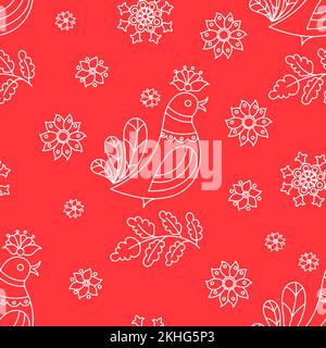 FOLK RED Floral Bird Ethnic Decor Vector Illustration Seamless Pattern For Print Stock Vector