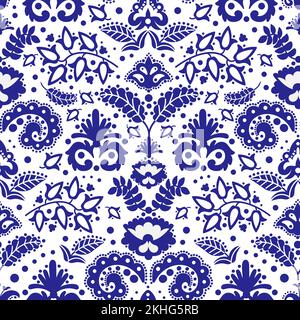 FOLK TATAR BLUE Oriental Doodle Retro Ornament Seamless Pattern Vector Illustration Set For Print Stock Vector