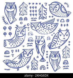 FOREST OWL COLLECTION Bird Variations With Trees And Other Plants In Blue Color On White Backgroung Hand Drawn Cartoon Clip Art Vector Illustration Fo Stock Vector