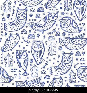 FOREST OWL Variations Of Blue Bird Characters With Trees And Other Plants On White Backgroung Cartoon Hand Drawn Seamless Pattern Vector Illustration Stock Vector