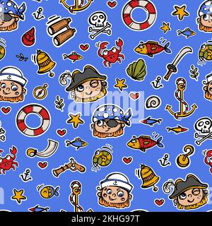 FUNNY PIRATES Cartoon Characters Hand Drawn Seamless Pattern Vector Illustration With Sea Attributes And Underwater Inhabitants On Blue Background For Stock Vector