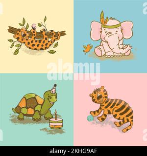 FUNNY ANIMALS Cute Cartoon Circus Zoo Jungle Tropical Savannah Africa Hand Drawn Grunge Style Vector Illustration For Print Stock Vector