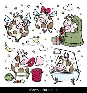 FUNNY COWS Five Cute Christmas Bulls Preparation For Merry Christmas Winter Holiday Cartoon Hand Drawn Hygge Clip Art Vector Illustration Set For Prin Stock Vector